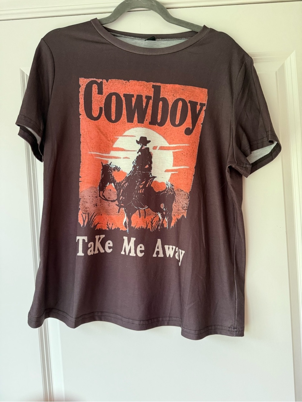 “Cowboy Take Me Away” Women’s Graphic Tee - Brown with Orange Print, XL